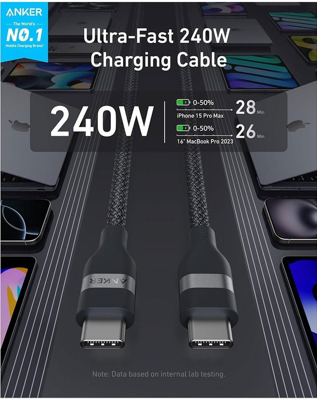 کابل انکر تایپ سی به تایپ سی USB-C Ultra Soft 240W مدل A82E2H11 (پک باز شده )