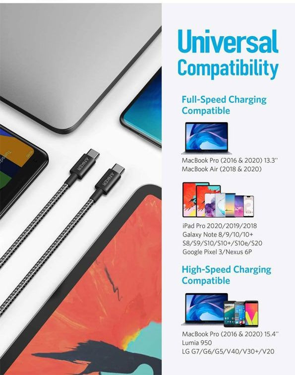 کابل شارژ انکر TYPE-C به TYPE-C مدل A8752 فست شارژ 60 وات