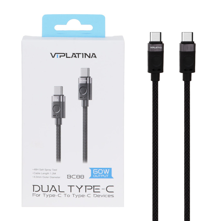 کابل شارژ فست VIPLATINA Type-C To Type-C مدل BC88 60W
