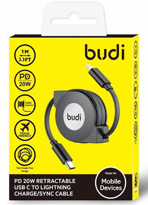کابل فست شارژ جمع شونده USB-C به لایتنینگ بودی مدل Budi DC233TL10B توان 20 وات