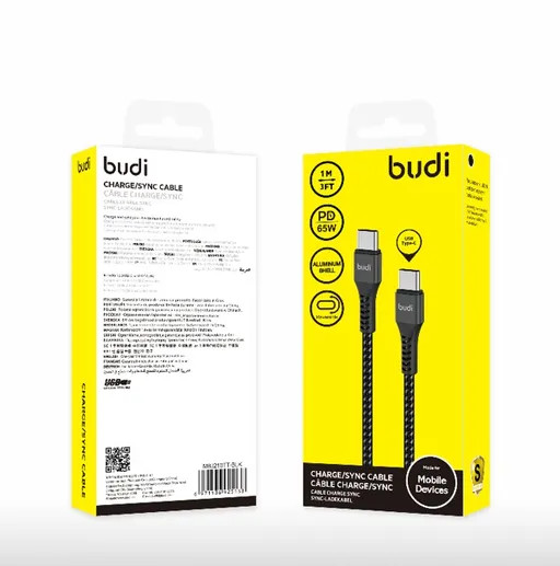 کابل شارژ کنفی Type-C به Type-C بودی مدل Budi DC210TT10B توان 65 وات