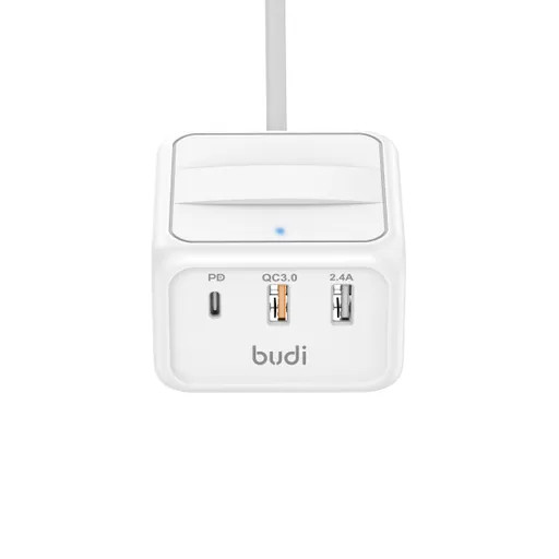 شارژر دیواری 18 وات بودی مدل Budi M8J311TCUW سه پین با دو خروجی USB، یک خروجی USB-C و یک خروجی برق شهری دارای کابل به طول 1.5 متر