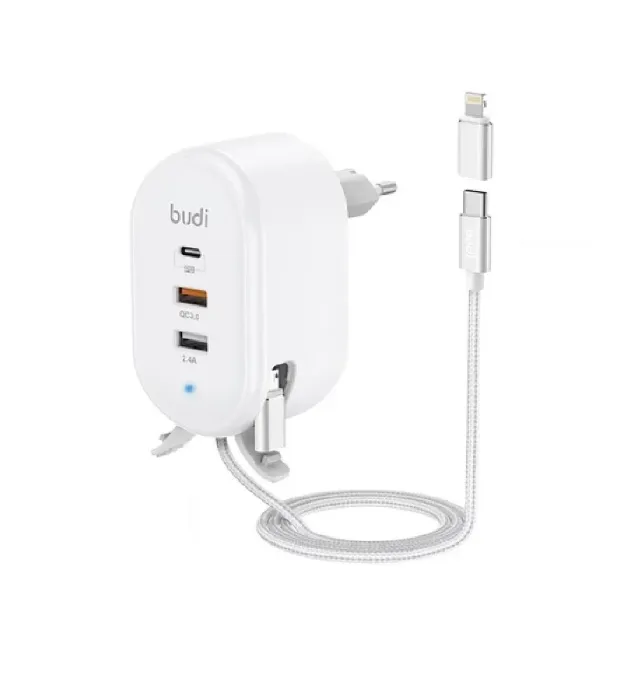 شارژر دیواری 30 وات بودی مدل Budi M8J312TE با خروجی USB و USB-C و کابل تبدیل USB-C به microUSB/لایتنینگ