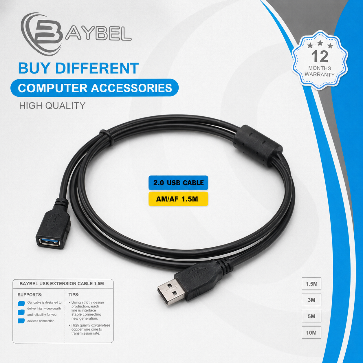 کابل افزایش طول USB 2.0 طول 1.5 متر BAYBEL