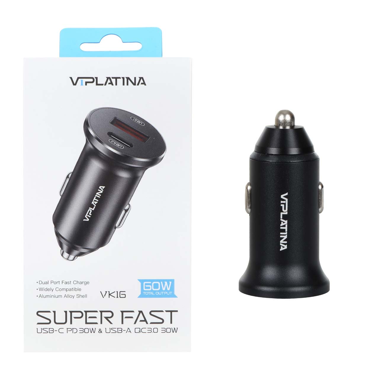 شارژر فندکی فست و PD دو پورت VIPLATINA مدل VK16 60W