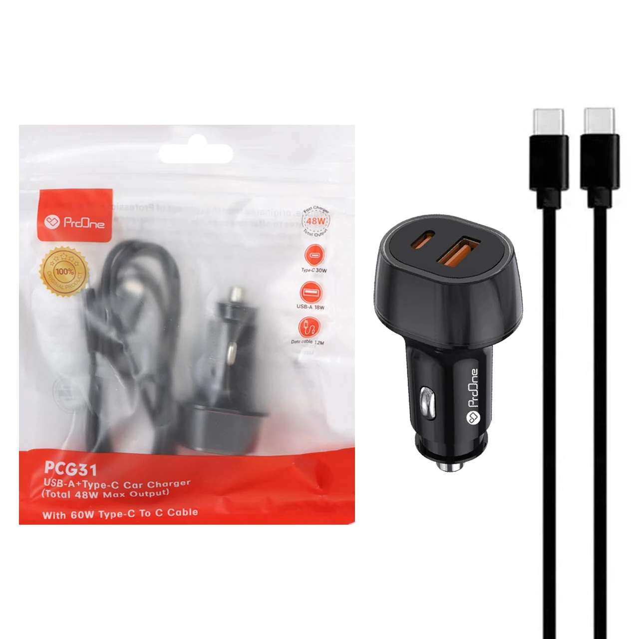 شارژر فندکی فست دو پورت ProOne مدل PCG31 48w به همراه کابل شارژ Type-C To Type-C