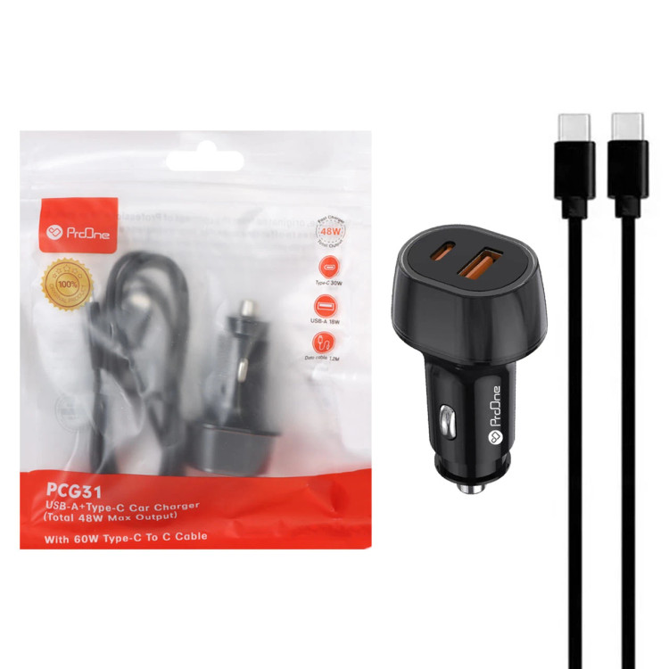 شارژر فندکی فست دو پورت ProOne مدل PCG31 48w به همراه کابل شارژ Type-C To Type-C