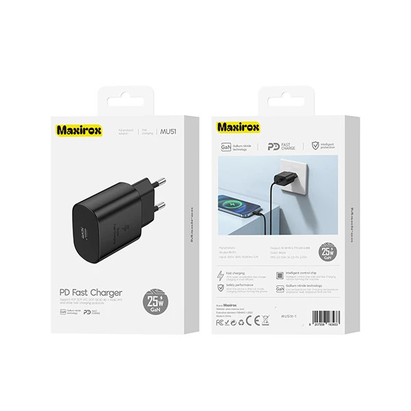شارژر 25 وات GaN مکسیروکس Maxirox مدل MU51