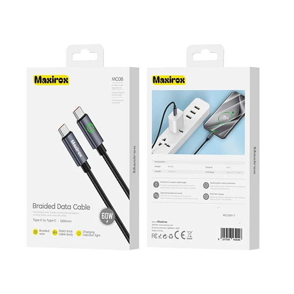 کابل شارژ 60W type-C to type-C مکسیروکس maxirox مدل MC08 طول 1.2متر