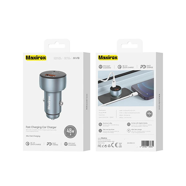 شارژر فندکی 48 وات Maxirox MV18 | تایپ سی PD و QC 3.0 | با نمایشگر دیجیتال