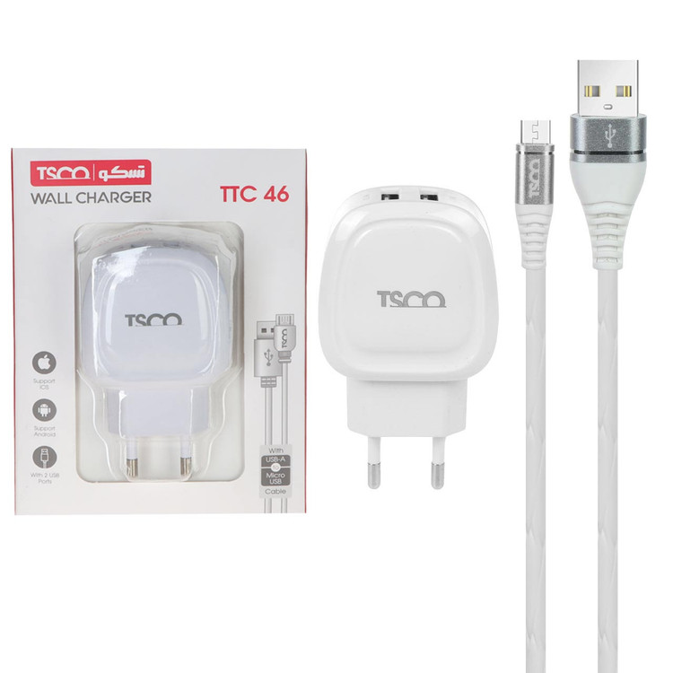 شارژر دیواری دو پورت TSCO مدل TTC 46 10W همراه با کابل اندروید