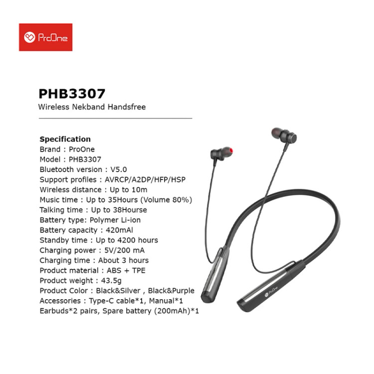 هندزفری گردنی ProOne مدل PHB3307 +باتری یدک